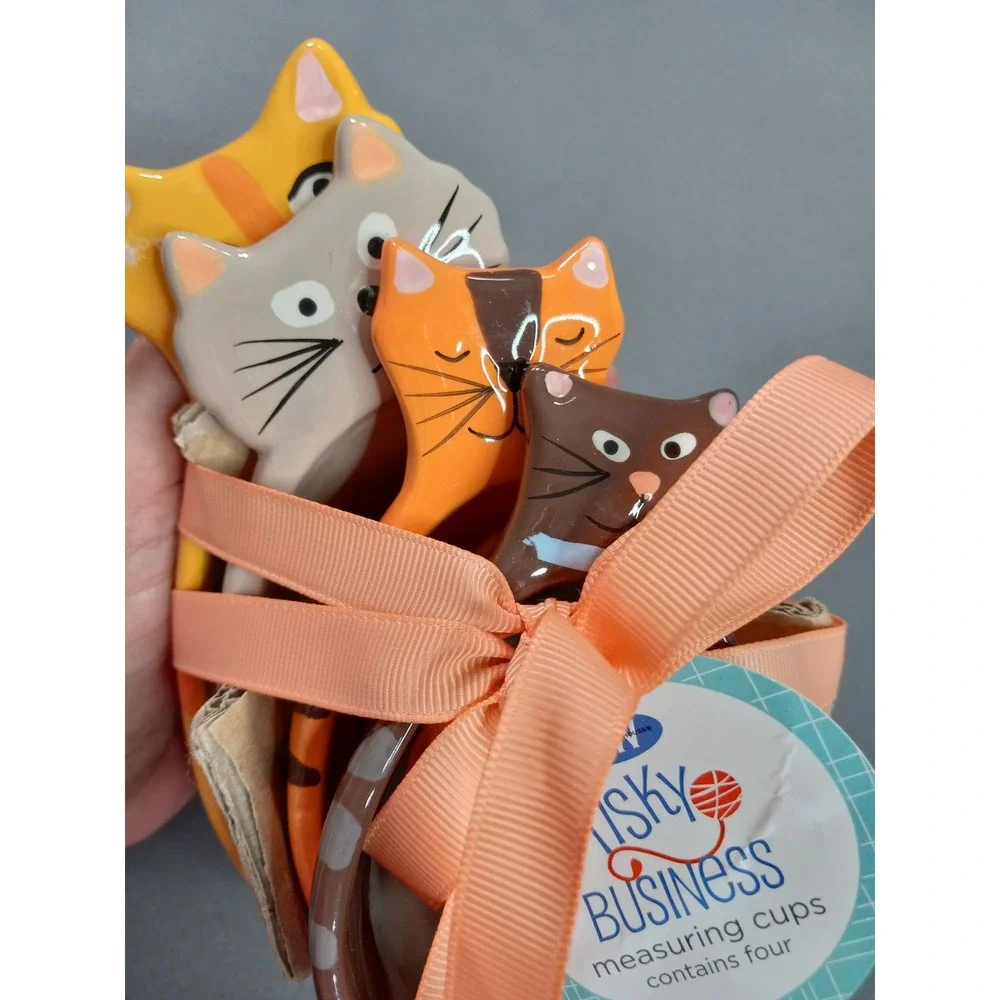 Boston Warehouse Frisky Business Cat Measuring Cups Set of 4 Ceramic Orange Grey